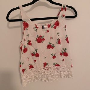 Rose Print Lace Trimmed Tank Sleeveless Tee
